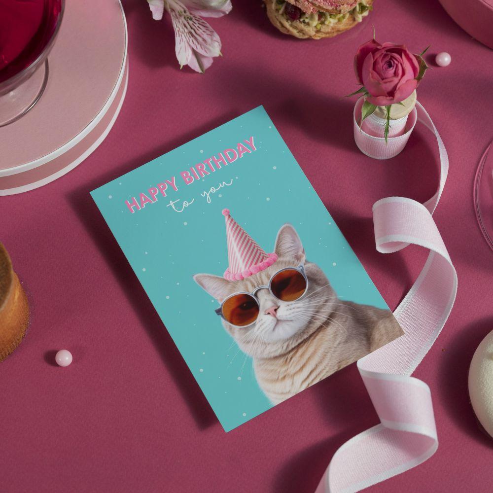 Carte Happy Birthday – Chat en Fête Effet WOW